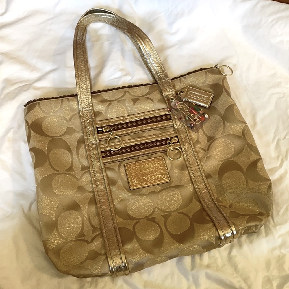 COACH POPPY OP ART GLAM TOTE BAG GOLD PURSE